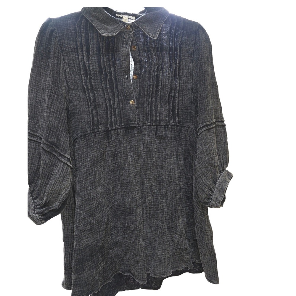 Umgee Tunic Top Womens S Quarter button Charcoal Gray Pintuck Gauze Cotton #Boho